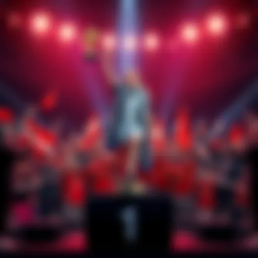 A confident Anismova standing on a podium with a trophy, surrounded by cheering fans, representing her popularity and success in betting.