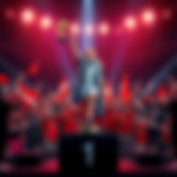 A confident Anismova standing on a podium with a trophy, surrounded by cheering fans, representing her popularity and success in betting.