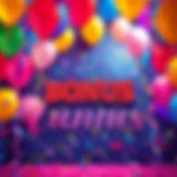 A colorful celebration scene with balloons and confetti, representing a bonus event.