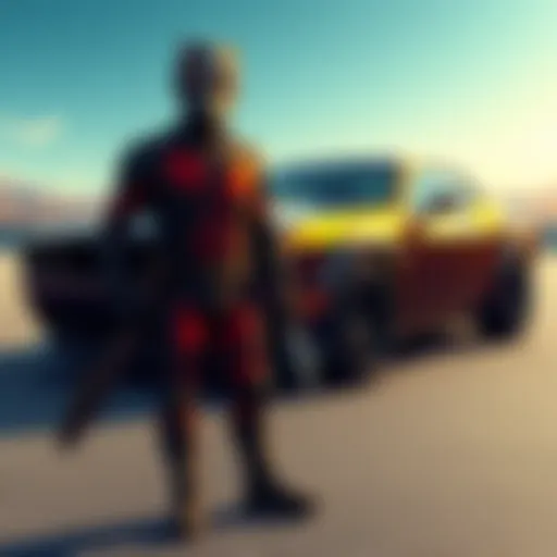 A vibrant illustration of Ant-Man standing beside a sleek Hellcat car, emphasizing the blend of pop culture and automotive passion.