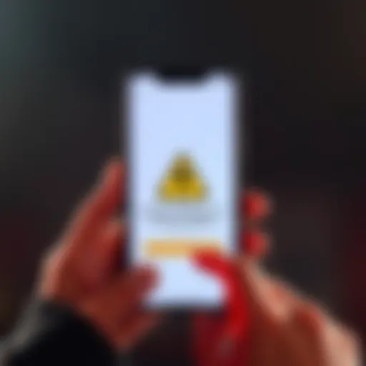 A smartphone screen displaying a popular app interface with warning signs indicating fraud and deception