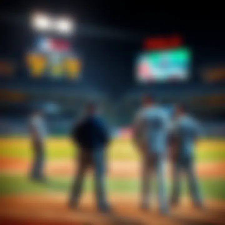A baseball scene with players and umpires on the field, showcasing lower-than-average scoreboards in the background, hinting at potential score manipulation.