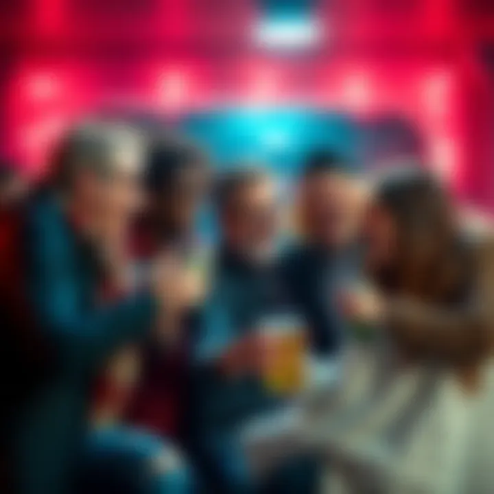 A group of friends laughing together while one of them plays a prank on the others, creating a lively and joyful atmosphere.