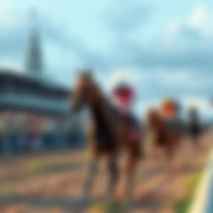 A thrilling race at Aqueduct featuring horses racing towards the finish line with spectators cheering.