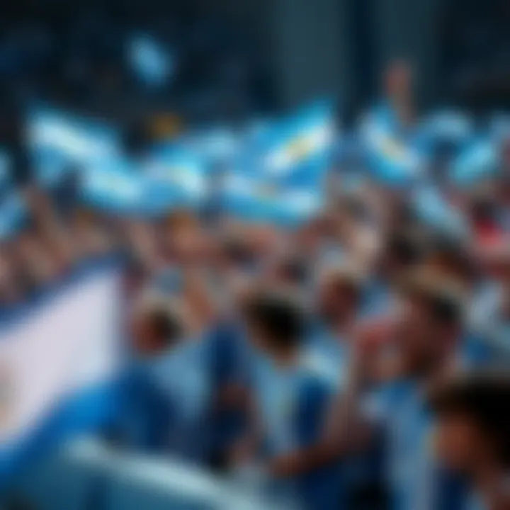 A large crowd of fans waving Argentine flags and wearing team jerseys, showing their passion and support for the national soccer team during a celebration.