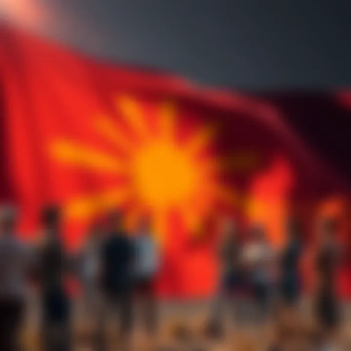 Arizona state flag with a worried group of people discussing upcoming restrictions