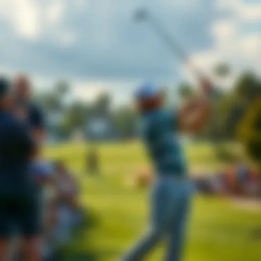 Players swinging golf clubs at the Arnold Palmer Invitational at Bay Hill, with spectators in the background enjoying the action.