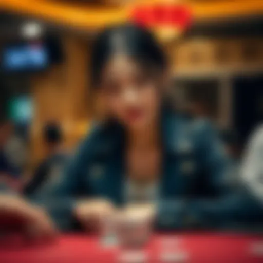 A focused Asian woman at a poker table, chips in front, engaging in the game with concentration.