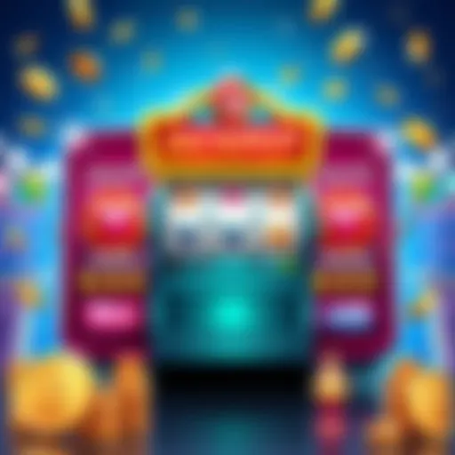 A vibrant illustration showing a slot machine with colorful symbols and coins representing wins, alongside various jackpot labels such as Mini, Minor, Major, and Grand.