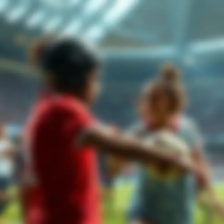 AT prepares to pass the soccer ball to Noemie while people around them are tense and focused