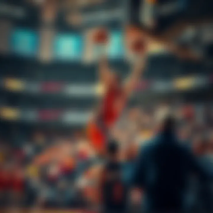 An athlete makes a dramatic shot on the basketball court while fans cheer in the background.