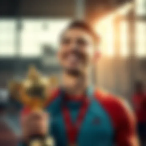 An athlete smiles and holds a trophy after completing a tough training session, showcasing their achievements and a medal around their neck.
