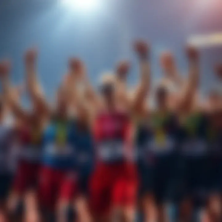 Group of athletes celebrating their recent multisport victories with medals and excitement