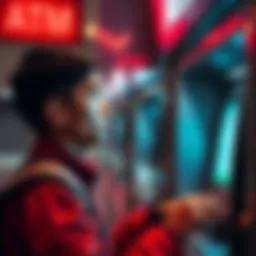 A person using an ATM in India, looking concerned while checking the screen for problems withdrawing cash.