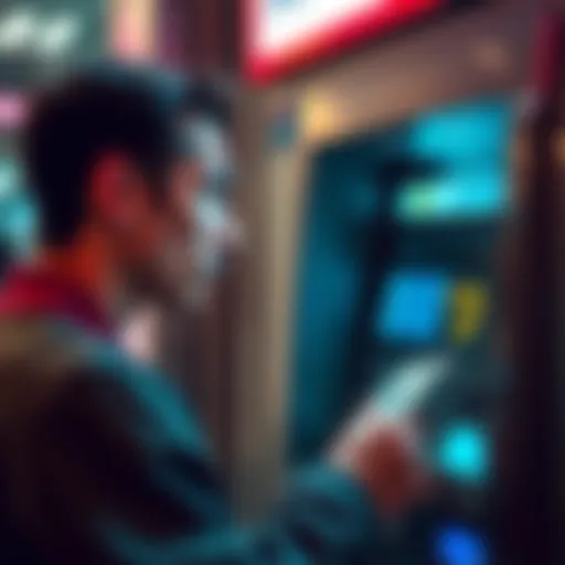 ATM withdrawal A person withdrawing cash from an ATM, looking at the screen with a thoughtful expression, cash in hand, and a $3 fee notice visible on the screen.