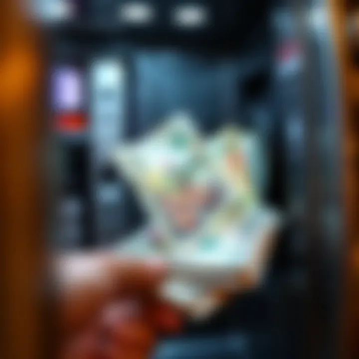 ATM withdrawal with cash Close-up of cash being withdrawn from an ATM, showing the machine and cash coming out