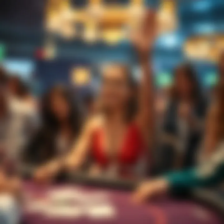Aubrey celebrating at a poker table during the Ladies Event, surrounded by other female players cheering.