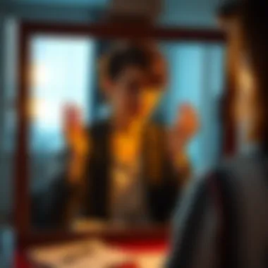 A person rehearsing in front of a mirror, showcasing confidence and focus. Papers with notes are scattered nearby.