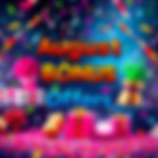 A colorful graphic showcasing various bonus offers and promotions for August, with festive elements like confetti