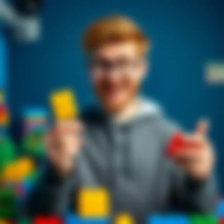 Austin Reaves humorously holding a Lego brick, showing a playful side
