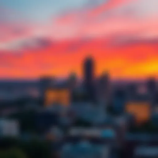 View of Austin skyline with a vibrant sunset in the background, showcasing the city's unique architecture and atmosphere.