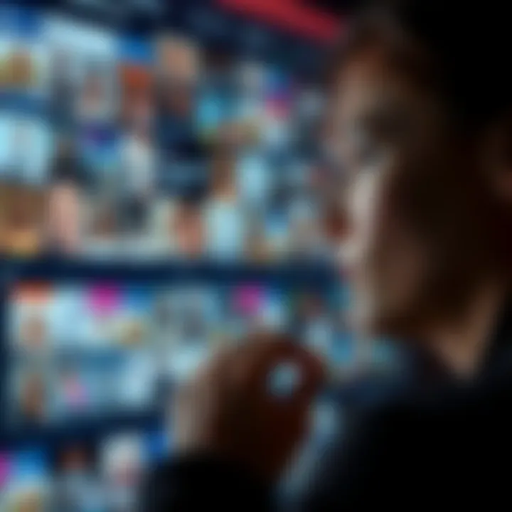 A person looking thoughtfully at a digital screen displaying various social media posts, symbolizing the search for authenticity in a digital world.