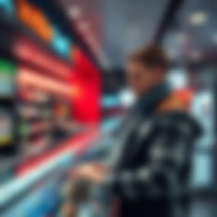 A British autistic man engaging in sports betting at a counter in a betting shop, displaying focus and control over his betting choices.