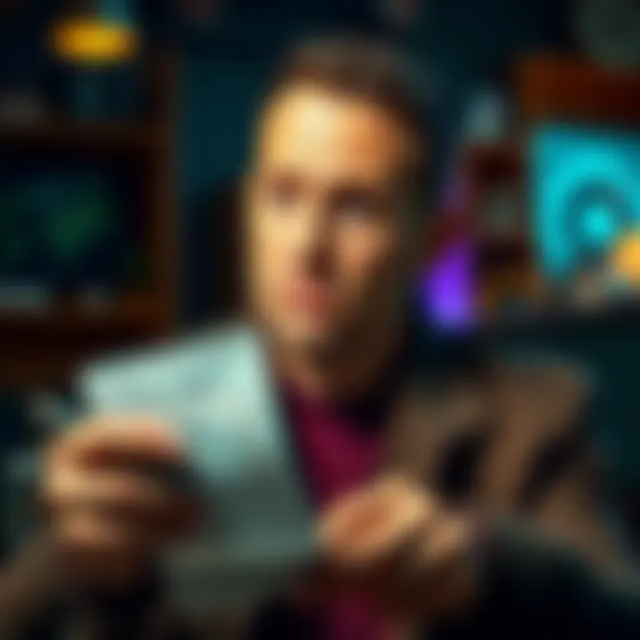 A person thoughtfully considering a product with a neutral expression, surrounded by pros and cons on a notepad.