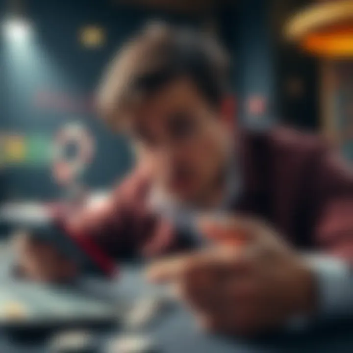 A person looking worried while reviewing betting strategies and a calculator, trying to minimize risks in gambling.