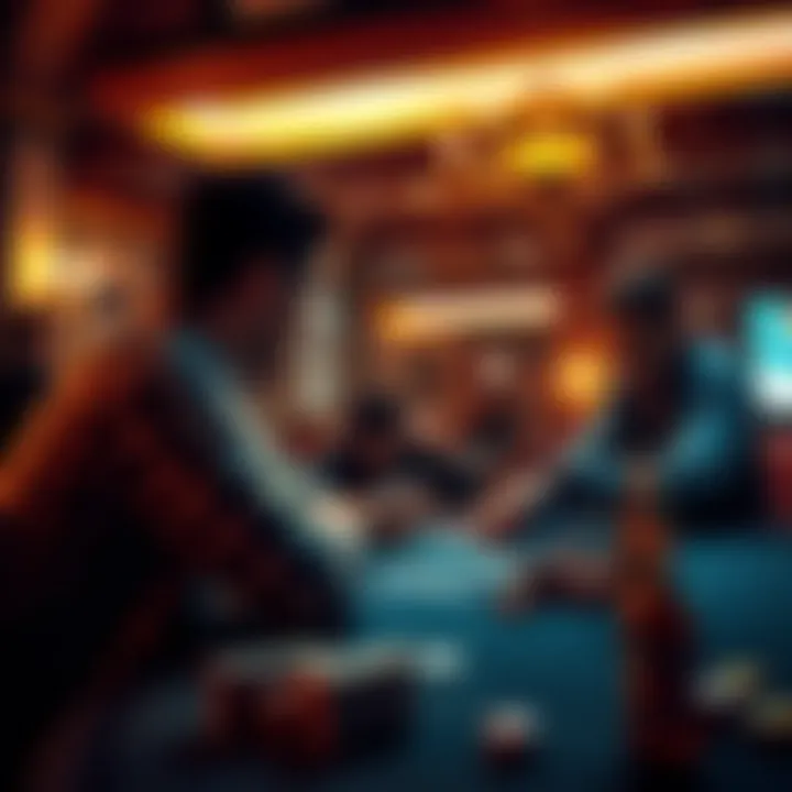 A person playing a card game while looking at a drunken opponent across the table, showing frustration