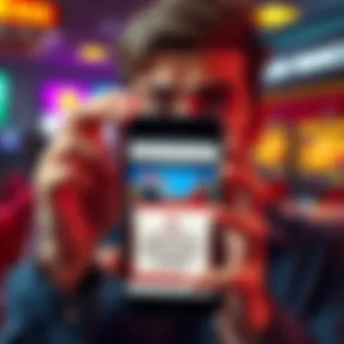 A person looking worried while holding a smartphone displaying an offshore casino website with a warning sign, emphasizing the risks involved.