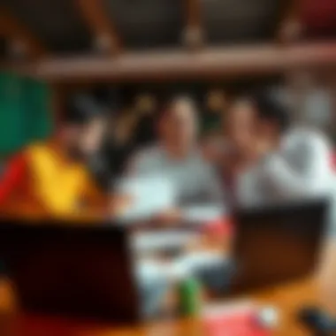 A concerned group of people discussing the accidental payout of a Parlay bet by B365, with laptops and betting slips on the table.