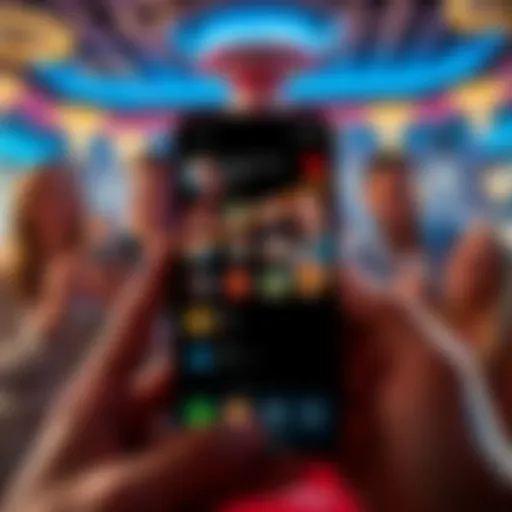A smartphone showing a Baccarat app interface with various game features highlighted as players interact excitedly around it.