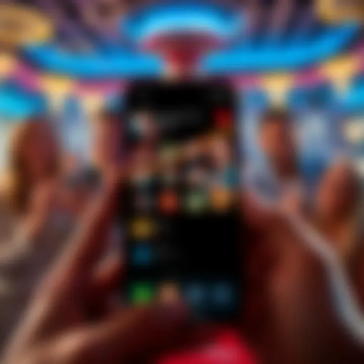 A smartphone showing a Baccarat app interface with various game features highlighted as players interact excitedly around it.