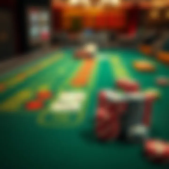 A baccarat table setup showing betting options for Banker, Player, and Tie with colorful chips stacked on the side.