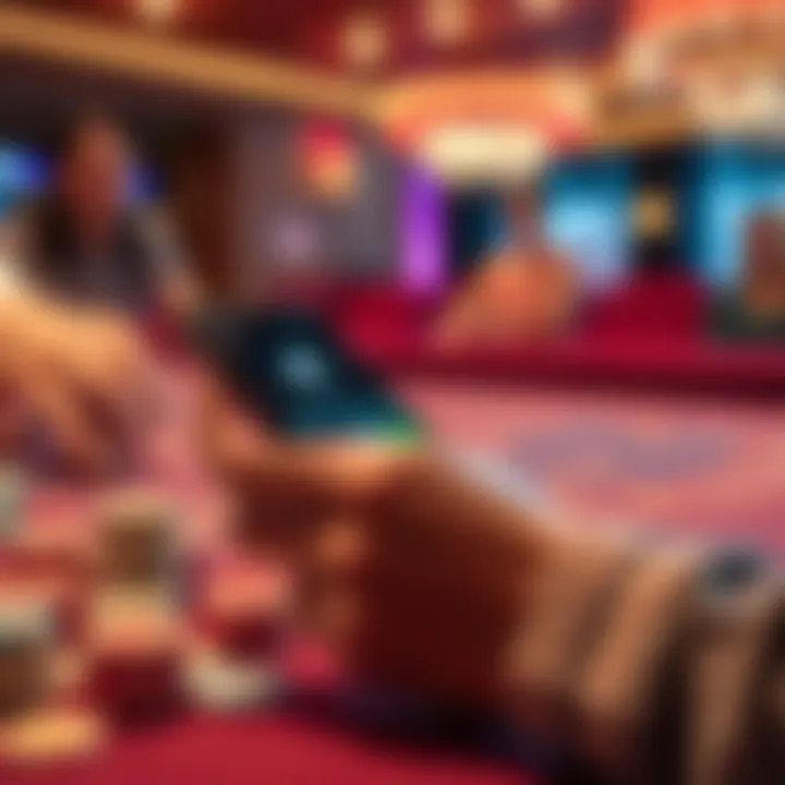 Baccarat Game on Mobile Phone A person playing Baccarat on a mobile phone with casino chips on the table