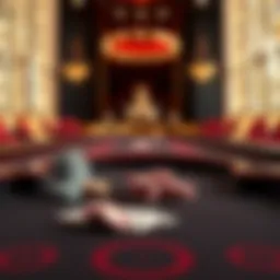 A close-up view of a Baccarat game table with cards and chips on it.