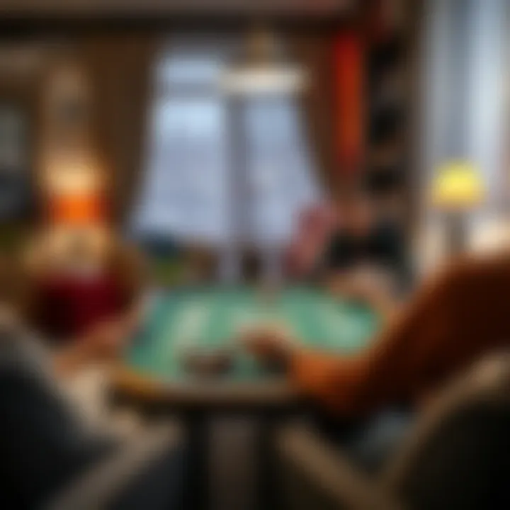 A player sitting at a table with cards, chips, and a Baccarat setup in a cozy living room.