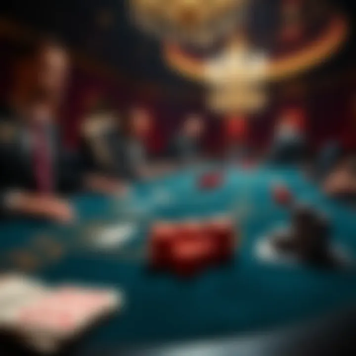 A Baccarat table with players and cards, showcasing an intense game atmosphere