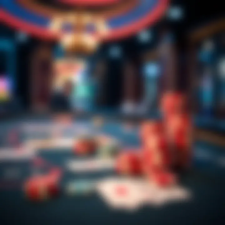 A close-up of a baccarat table with stacked chips and cards, showing the game in progress.