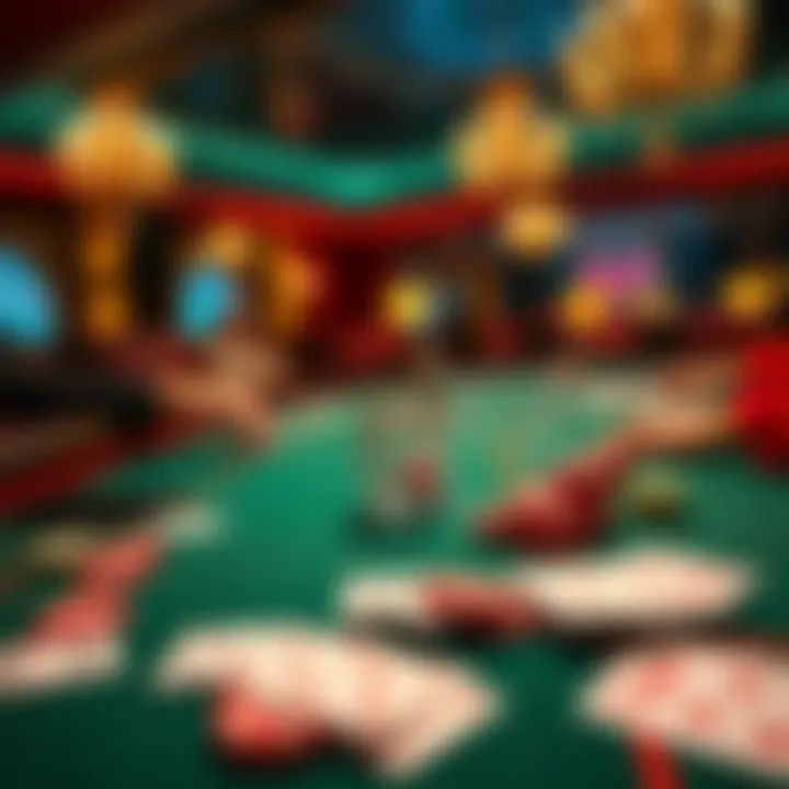 A baccarat table set up with cards and colorful chips, showing players engaged in the game.