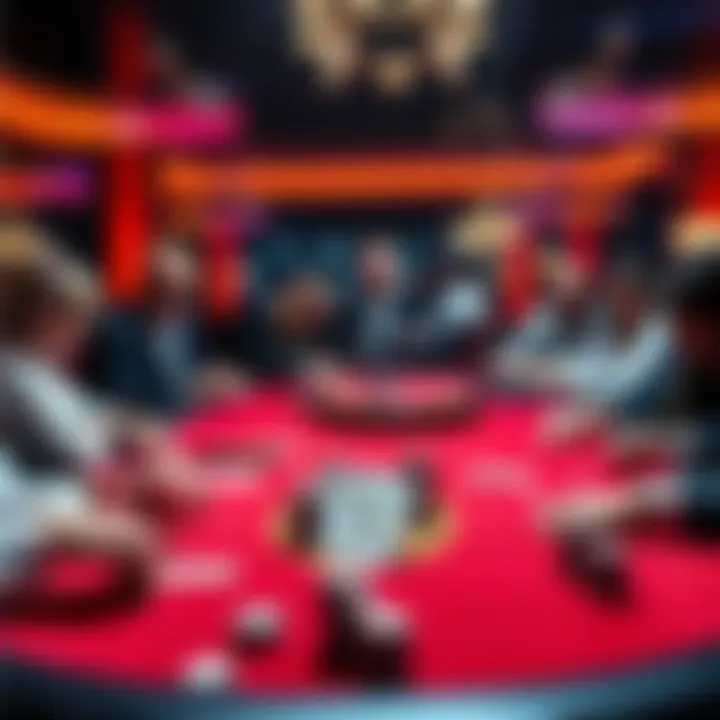 A Baccarat table filled with players engaged in the game, showcasing cards and chips on the table.