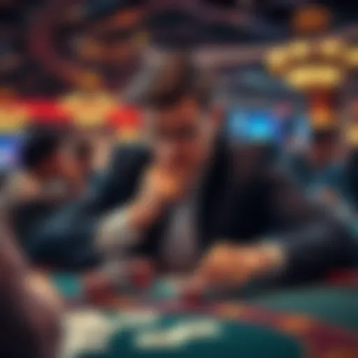 Baccarat Table Strategy A player contemplating strategies at a baccarat table, with cards and chips in view. The scene shows a mix of focused expressions and casino ambience.