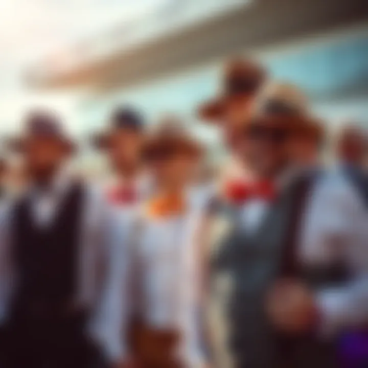 Group of men in fashionable attire, featuring fedoras, suspenders, and bow ties, at a horse racing event