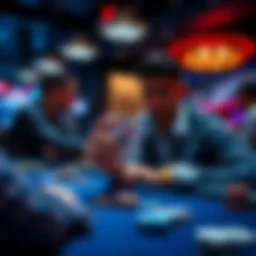 A player holding a backup card in hand while sitting at a gaming table, focused on their game strategy.