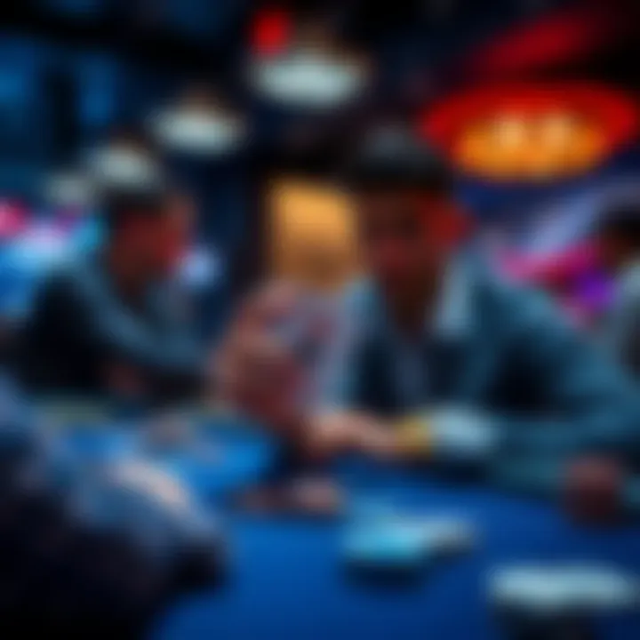 A player holding a backup card in hand while sitting at a gaming table, focused on their game strategy.