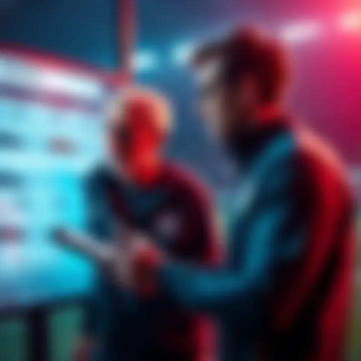 A soccer coach reviewing player statistics while planning team lineup on a board