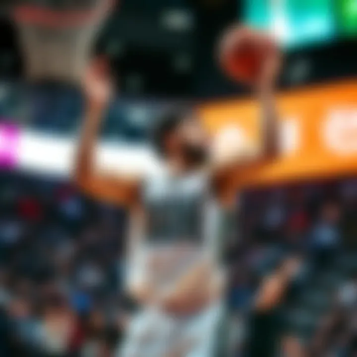 Bane taking a shot during a basketball game, showcasing his form and focus after a tough start, with fans cheering in the background.