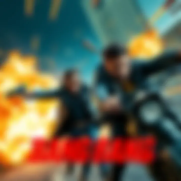 A dynamic action scene featuring intense combat between main characters in a thrilling chase, showcasing stunts and high energy.