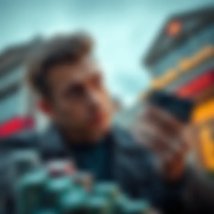 A person looking concerned while holding a credit card and gambling chips, with a bank building in the background.